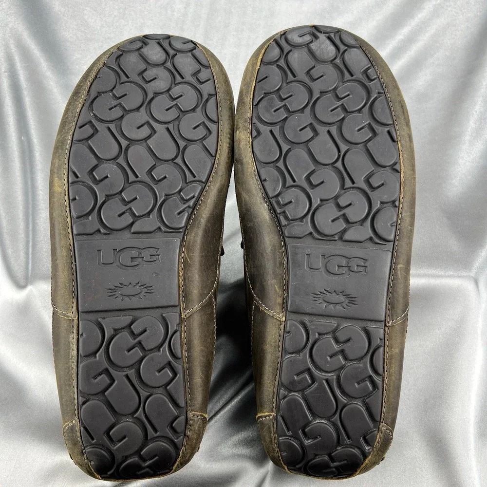 UGG Ascot Leather Wool Slippers Loafers Men's 12 Dark Brown‎ Driving S/N 1103889